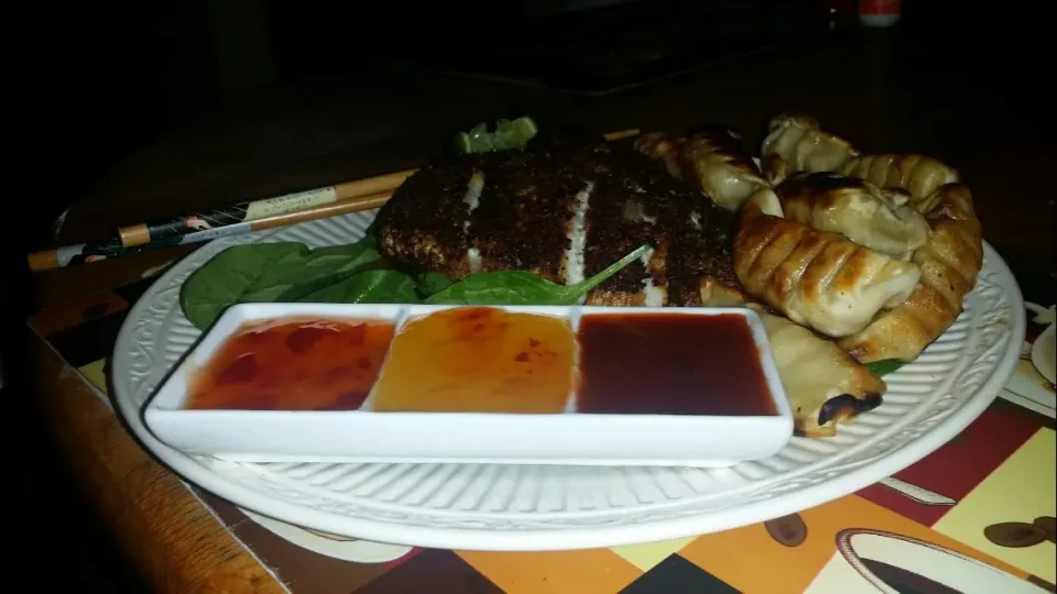 My last caught wild  sea bass  with gyoza pork and chicken filled  with three dipping sauce|Frank Ortizさん