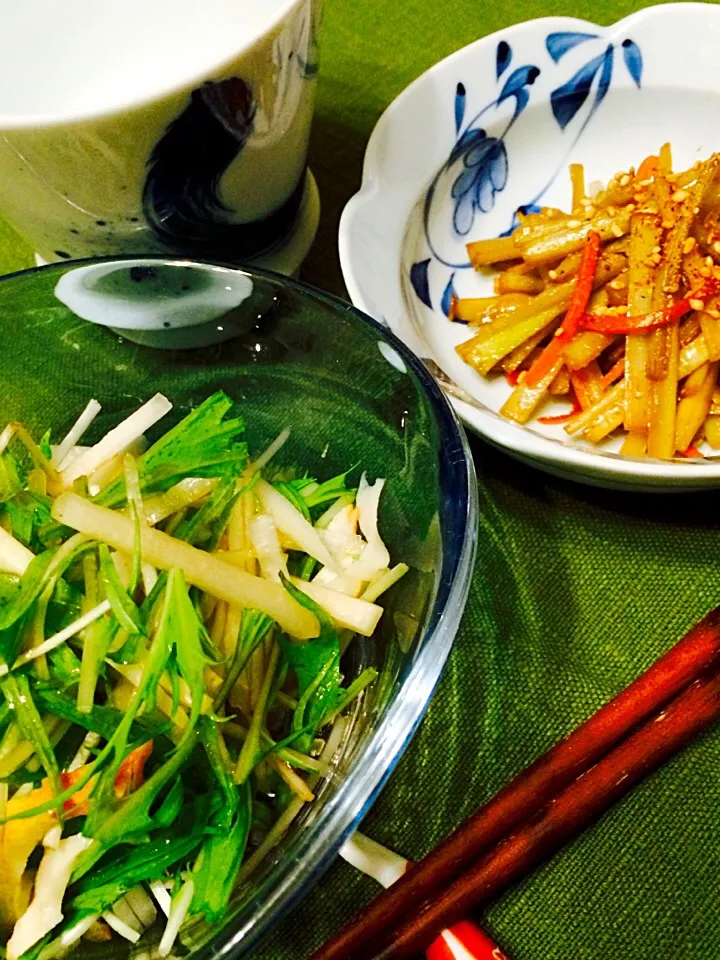 今宵は独活と水菜のサラダと独活皮きんぴらで一杯😁|Norikoさん