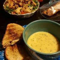 Snapdishの料理写真:grilled chicken salad with mushrooms, broccoli cheese soup, spinach and swiss panini|Nikka Justwannabehappyさん