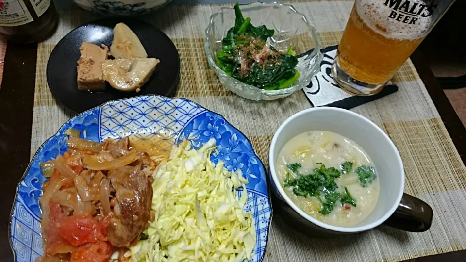 ホーレンソウのお浸し＆里芋とひき肉の煮物＆豚肉とトマトの炒め|まぐろさん