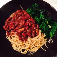 Whole wheat angel hair with brown beans and spinach