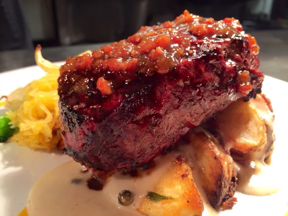 Snapdishの料理写真:Filet with candied bacon. Wedge cut roasted potatoes country gravy|shaun spoonerさん