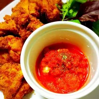 Snapdishの料理写真:Karaage with my homemade Tarako and cheesecream sauce