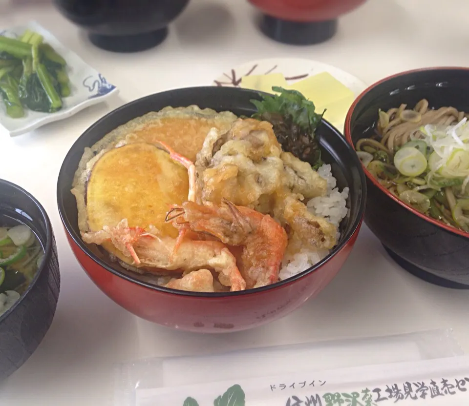 Snapdishの料理写真:昼ごはん 味噌天丼と山菜そば  味噌汁と野沢菜漬け|ぽんたさん