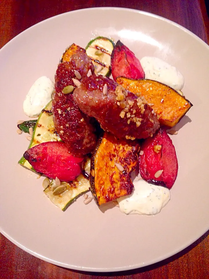 Snapdishの料理写真:Dukkah Spiced Lamb, Pumpkin, Grilled Zucchini, Plum + Lemon Aioli|Chrisy Hillさん