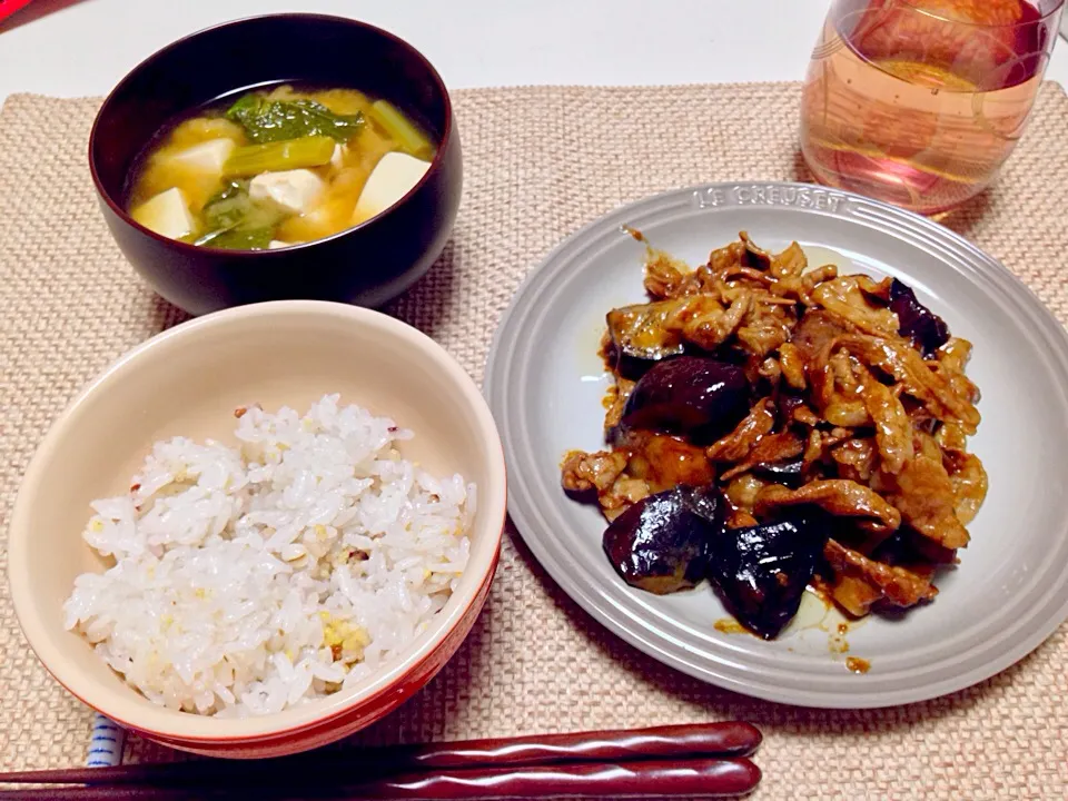 豚バラ茄子 菜の花豆腐油揚げの味噌汁|にゃろめさん