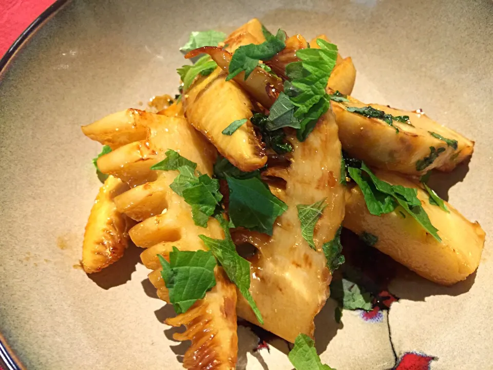 Snapdishの料理写真:Sautéed bamboo shoot with soy,butter and shiso-herb.筍の醤油バター炒め大葉添え。|Sayaka Jinsenji Huletteさん