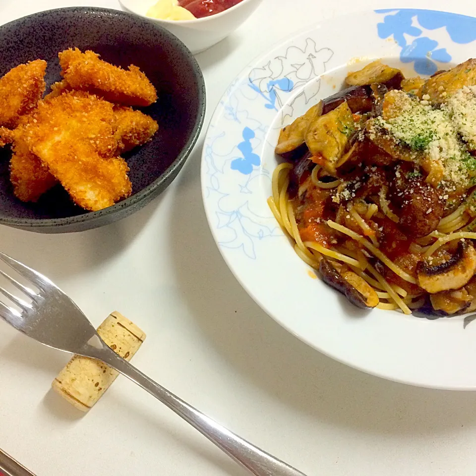 トマトと茄子のパスタ・チキンフリッター|髙榮 杏奈さん