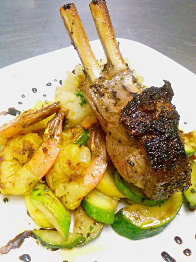 Snapdishの料理写真:herbed lamb rack, lemon+dill shrimp, irish colcannon, sauteed zucchini+squash, chocolate balsamic reduction|Nicholas Lynchさん