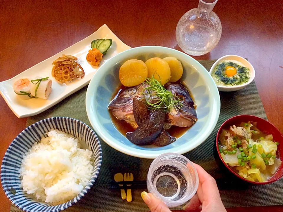 Today's Dinner🍴前菜･真鯛お頭と大根の煮付け･豪快❗山盛りｷｬﾍﾞﾂの絶品豚汁･大和芋|🌈Ami🍻さん