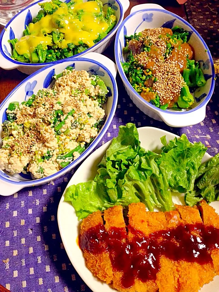 とんかつ(総菜) 菜の花3種 白和え 胡麻和え 酢味噌和え|掛谷節子さん