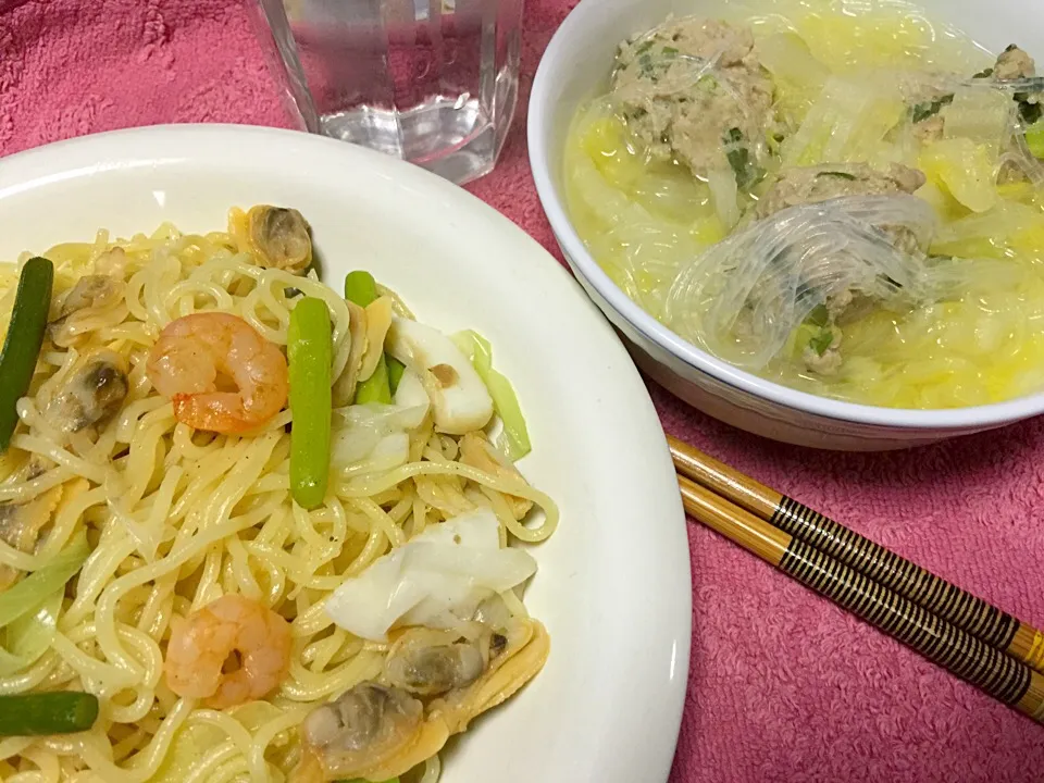 塩焼きそば、肉団子と春雨・白菜のスープ|ちむさん