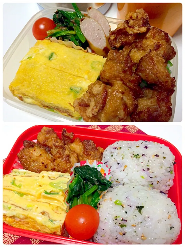 Snapdishの料理写真:唐揚げ、卵焼き、ほうれん草おかか、なめこと豆腐味噌汁弁当|しーさん