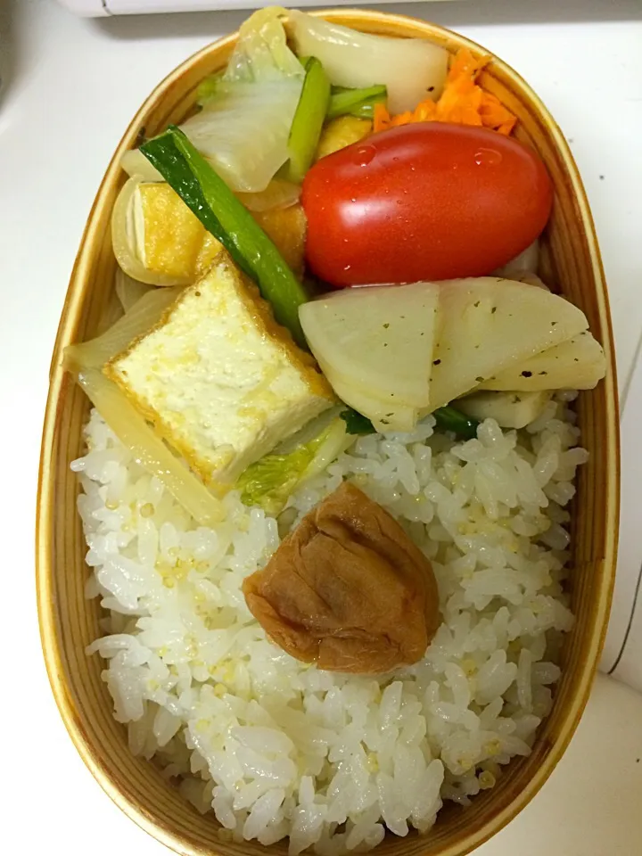 Vegan bento 厚揚野菜炒め、トマト、カブマリネ、キャロットラペ 日曜も仕事でーす。|aiさん