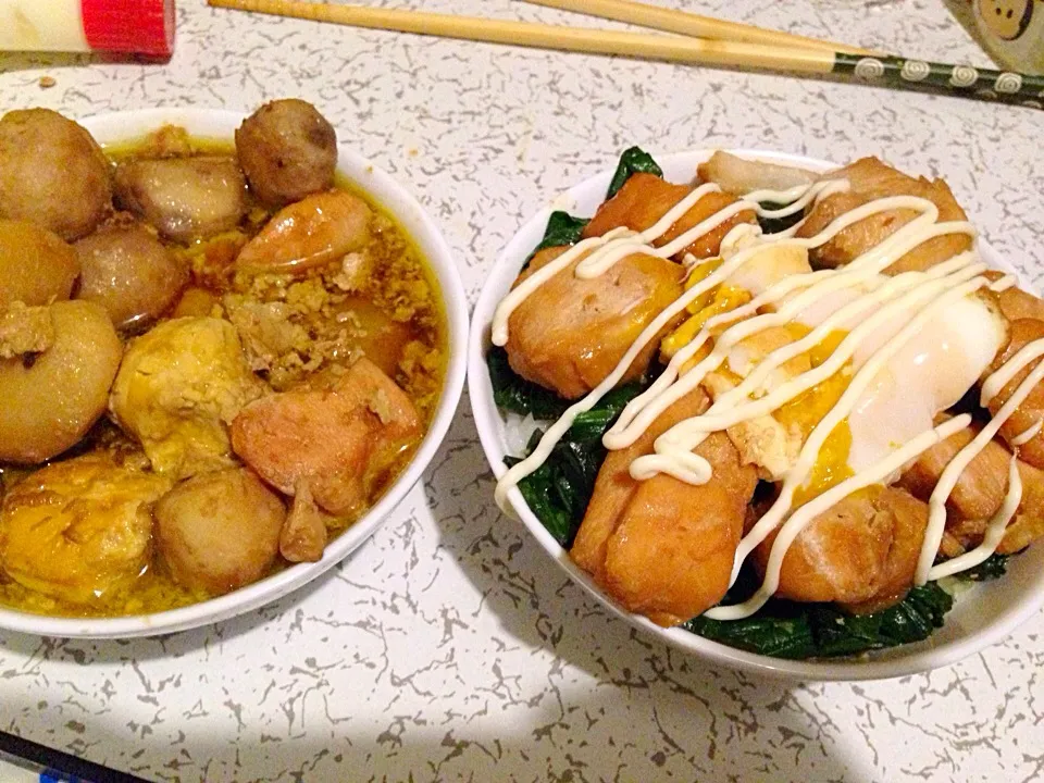 鳥の照り焼き丼と煮物|山根あみさん