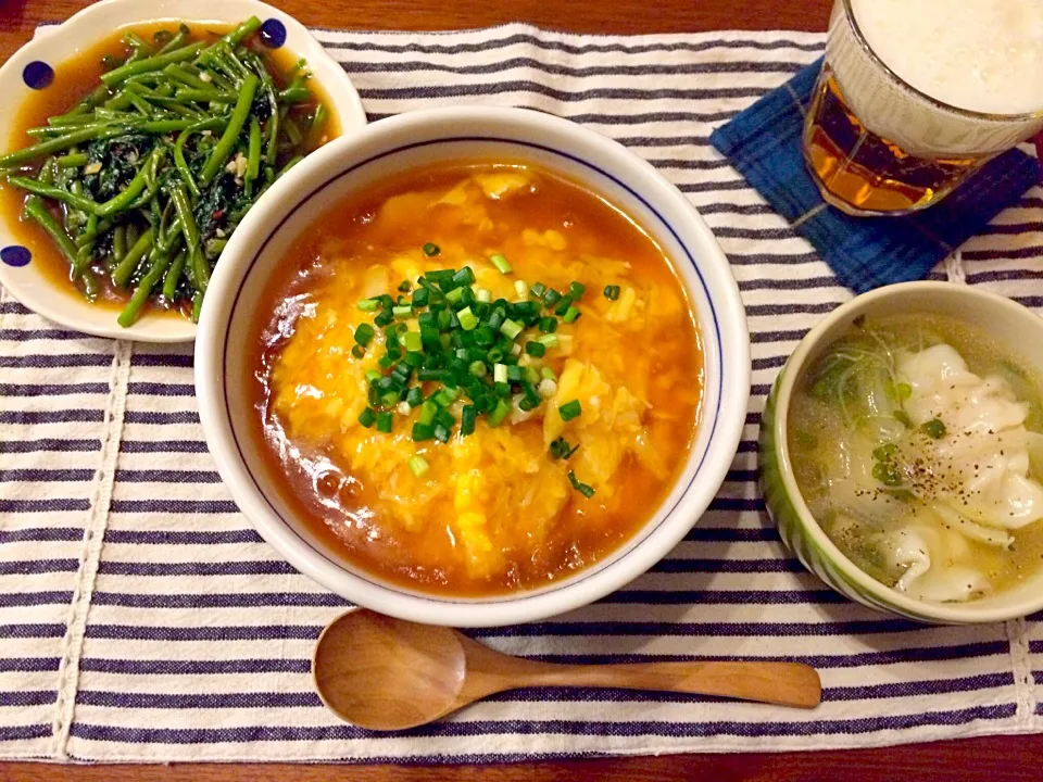 天津飯  水餃子スープ  空芯菜のオイスターソース炒め|haseseさん