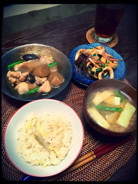 お麩入り治部煮、いかのバター醤油炒め、しょうがとごぼうの炊き込みご飯|ゆかぴさん