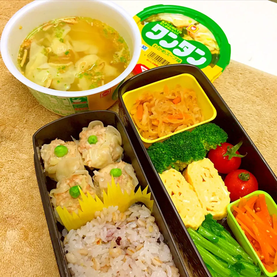 Snapdishの料理写真:シューマイ入り弁当＋コンビニのワンタンスープ♪
今日はめっちゃ寒いですから、ほっこり温かいスープが飲みたくて…|ユウリンさん