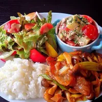 Snapdishの料理写真:⭐️豚肉とネギの甘辛炒め ⭐️じゃがいもとネギの炒め物 ⭐️野菜サラダ 胡麻ドレッシング