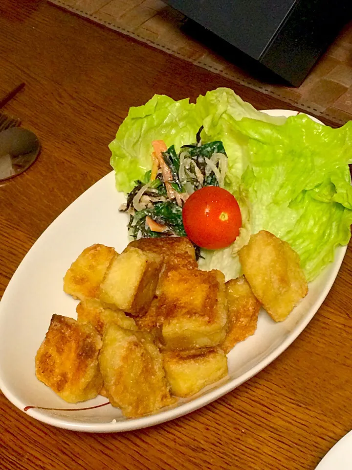 鶏の唐揚げ？竜田揚げ？ いいえ、高野豆腐です🎵 竜田揚げを揚焼きすることでカロリー大幅カット！|Snow10さん