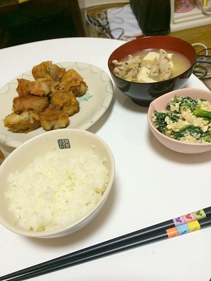 里芋と豚肉巻、ほうれん草の白和え、もやしと豚肉のうま煮|よねこねこさん