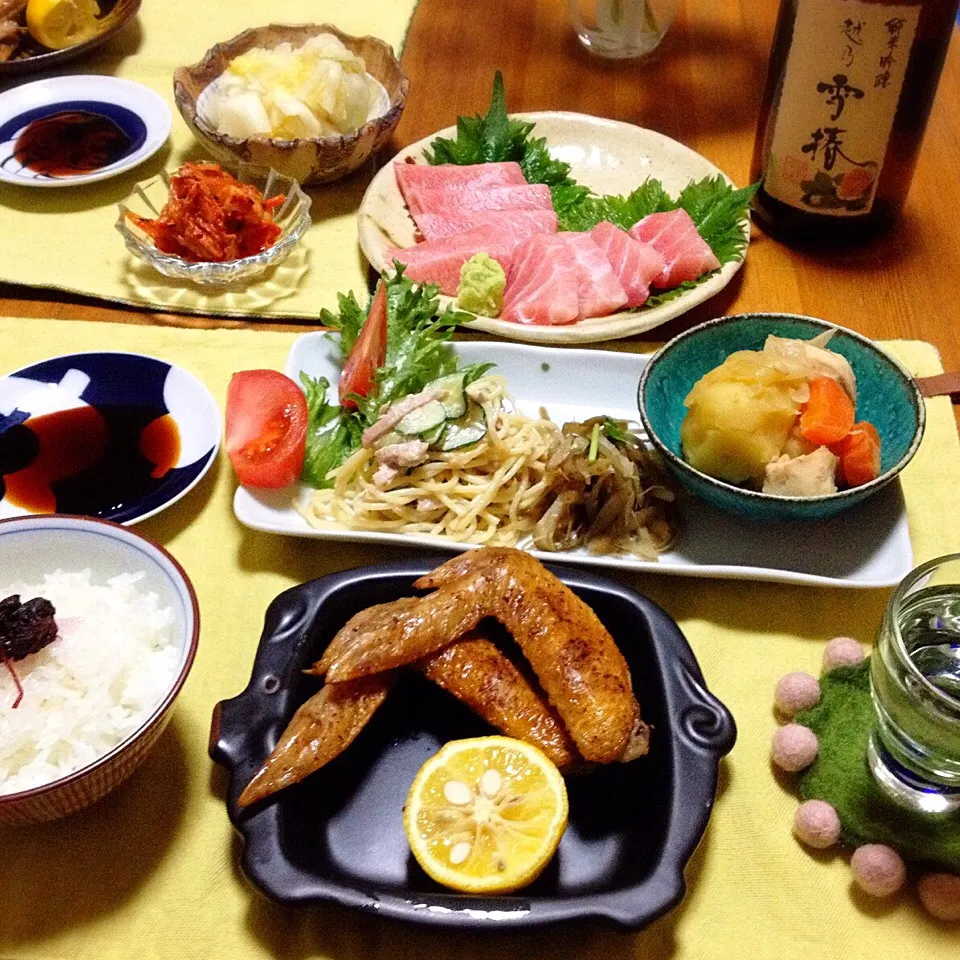 マグロ造り🍀と手羽先の塩焼きde晩ごはん☺️|nono_miさん