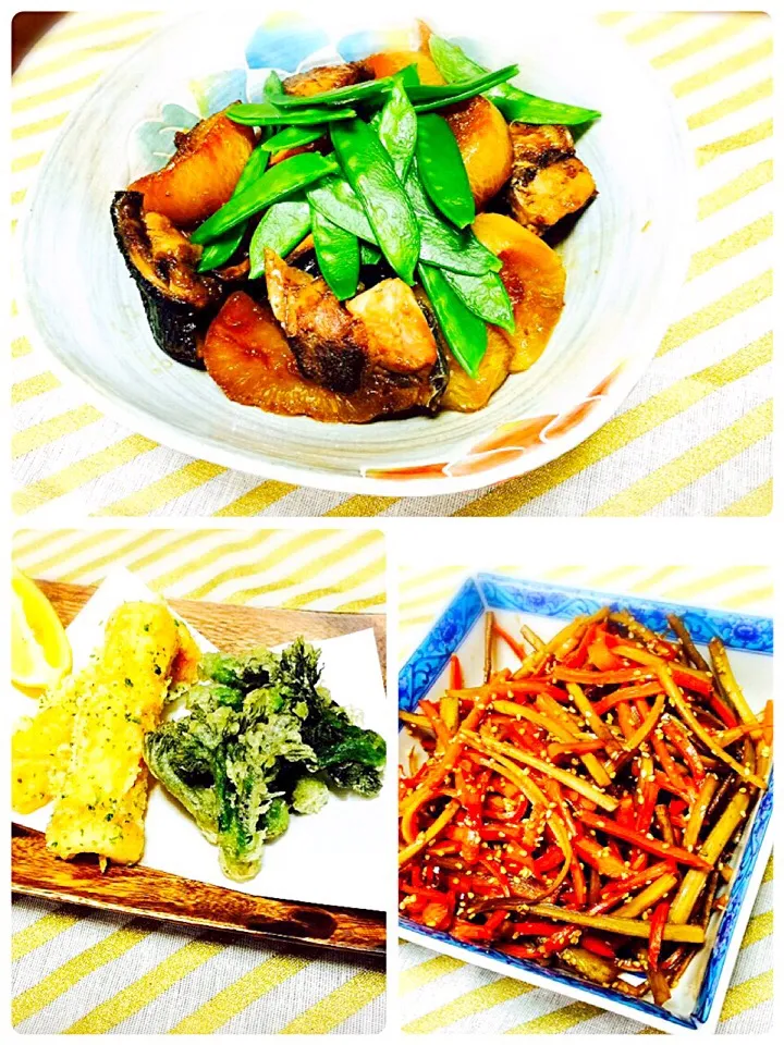 Snapdishの料理写真:天然ブリ大根✨新牛蒡のキンピラ✨たらの芽の天麩羅と磯辺揚げ✨|sa_chiさん