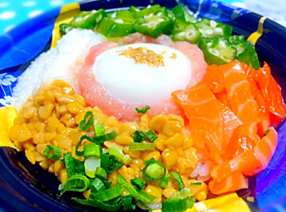 Snapdishの料理写真:ねばねば丼 - A rice bowl (don) topped with neba-neba ingredients such as natto, tororo, raw egg and okra.😋✨|Liezlさん