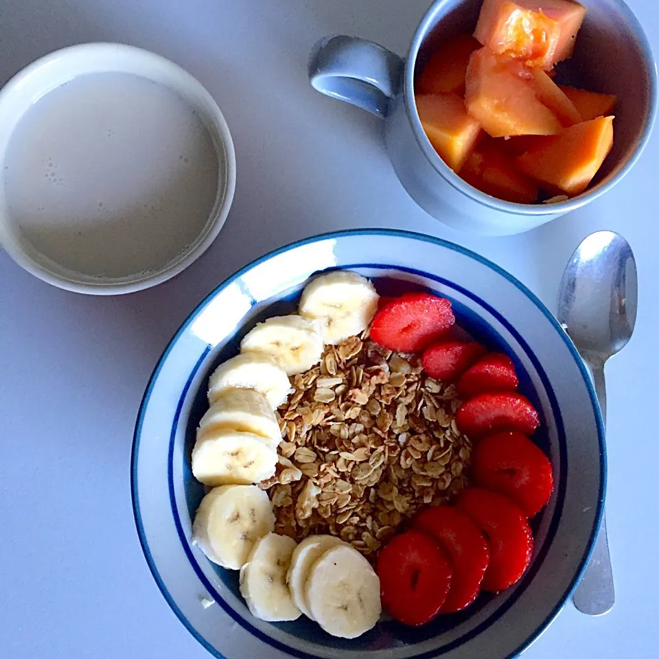 Homemade granola with banana and strawberries, almond milk and side of papaya|victoria valerioさん