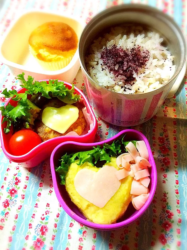 Snapdishの料理写真:今日のお弁当。ハンバーグ♡チーズのせ、インカの目覚めマッシュポテト♡ハムのせ、花ハム、プチトマト、ひじきとアボカドのサラダ、ゆかりご飯、レモンマフィン♪|72roseさん