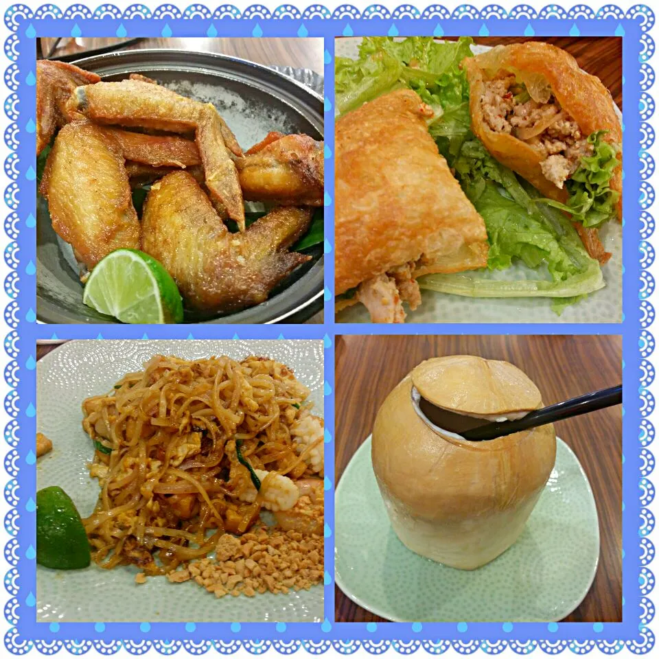 Snapdishの料理写真:Dinner @ Thai Express..Tom Yum wings. crispy stuffed minced chicken.phad thai . young coconut|🌷lynnlicious🌷さん