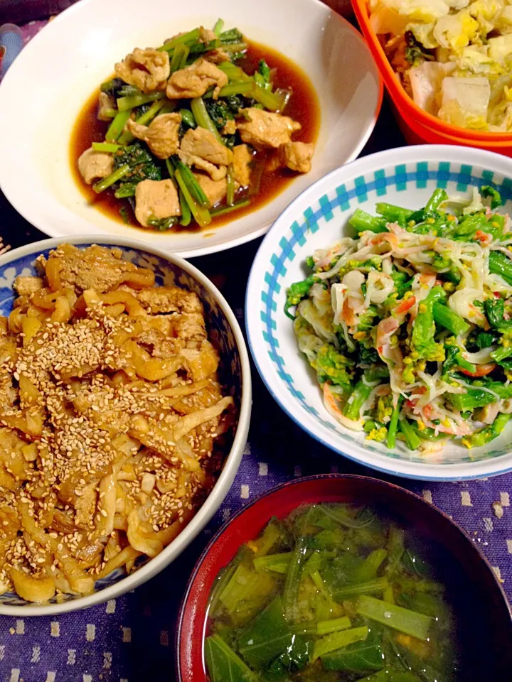 Snapdishの料理写真:鶏肉と小松菜のヘンコダレ炒め 菜の花の辛子酢味噌和え 切干し大根煮 味噌汁 白菜の漬物|掛谷節子さん