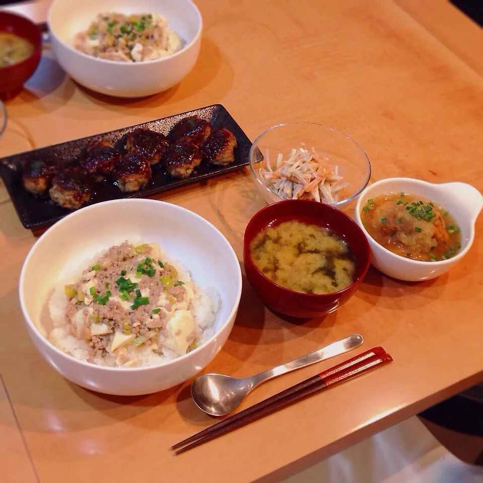 豆腐と挽肉の中華丼、ハンバーグ、魚河岸揚げの煮物、ゴボウサラダ、玉ねぎとワカメの味噌汁|はるさん