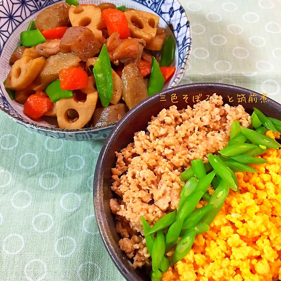 三色そぼろ丼と筑前煮|ききさん