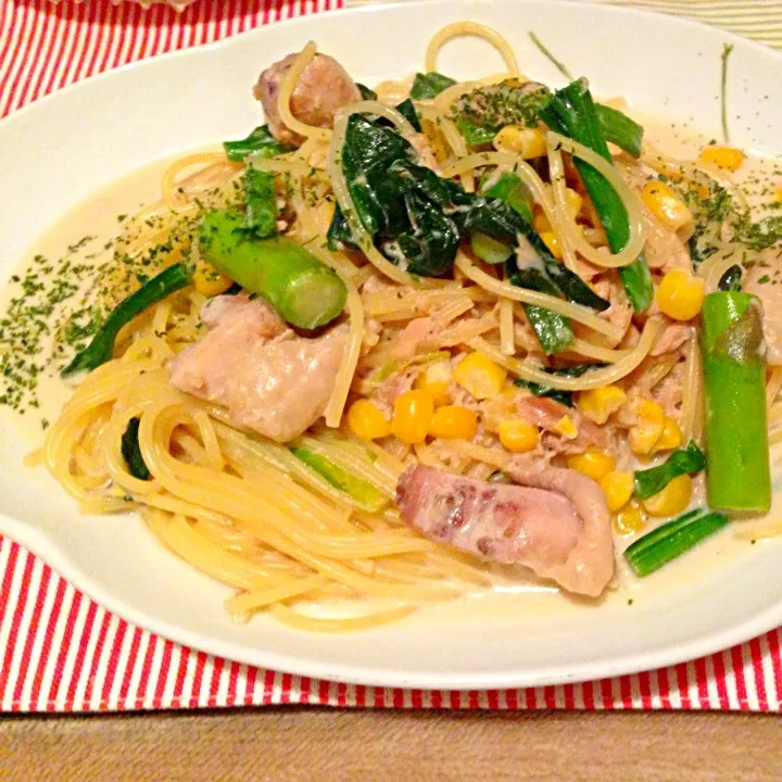 初挑戦！豆乳クリームパスタ(^^)鶏肉アスパラほうれん草❤|禄 恵さん