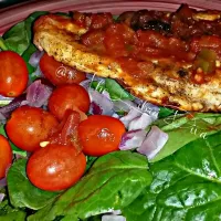 Spicy mango salsa Tilapia on a simple spinach bed salad|TheLibraDivaさん