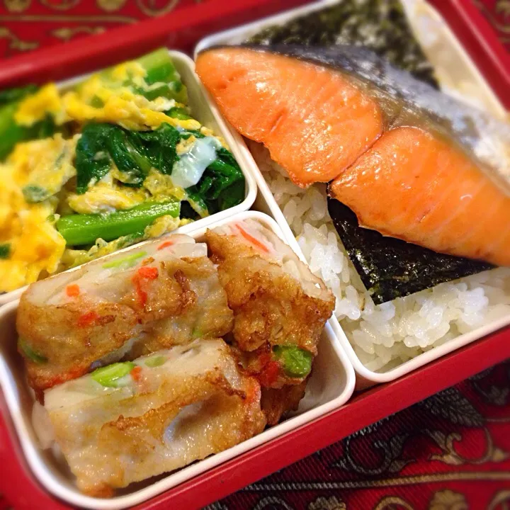 野菜揚げと菜花の玉子とじと焼き鮭弁当|もえさん