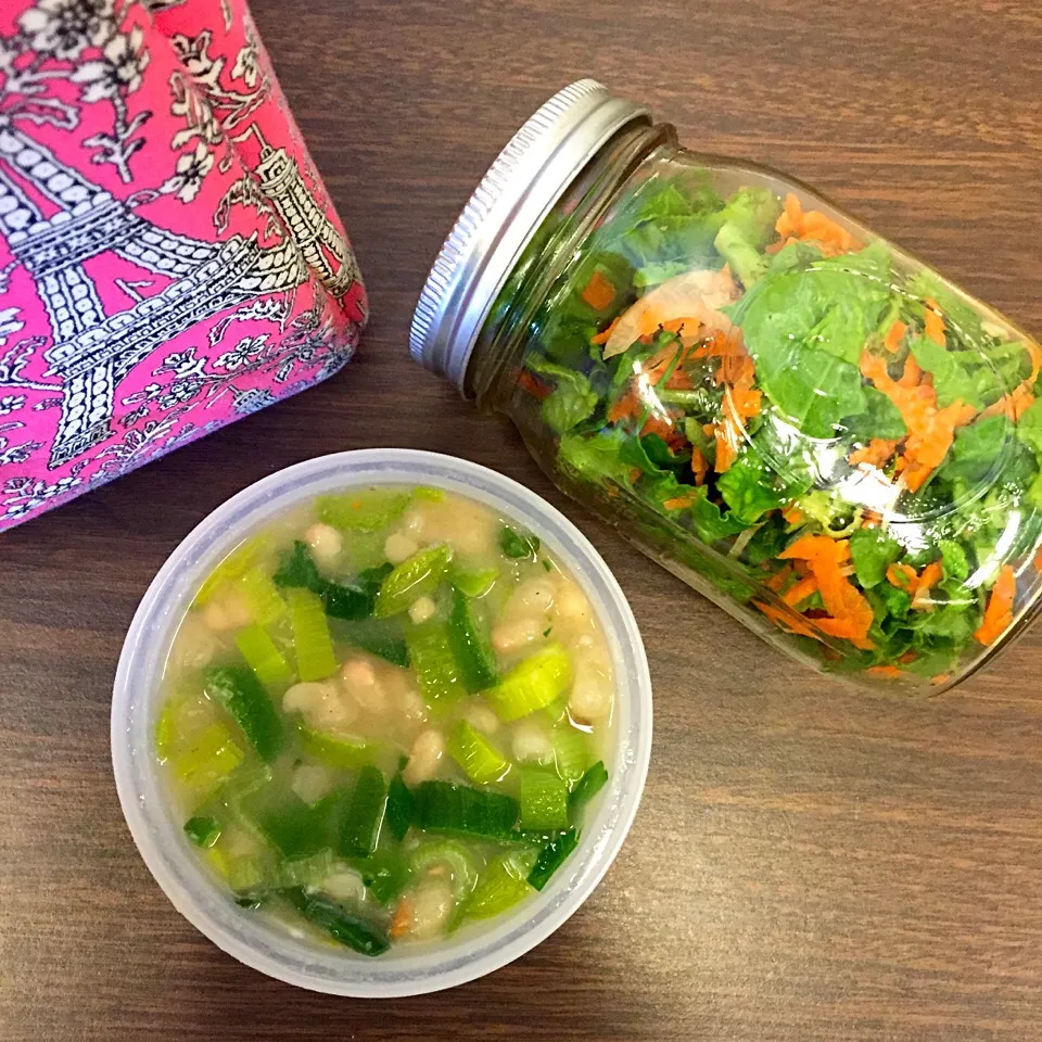 White bean & leek soup with spinach, carrot & onion salad drizzled with olive oil and lemon vinaigrette|victoria valerioさん