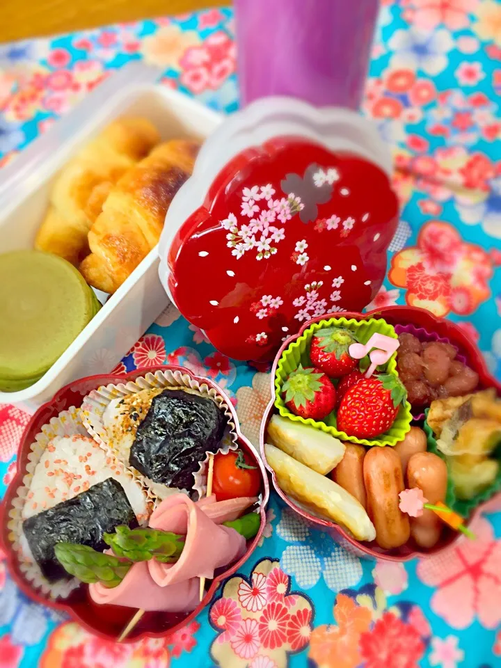 Snapdishの料理写真:小さめおむすびとアスパラハム巻き弁当(⊹＾◡＾)ノo.♡ﾟ｡*|Blueberry🫐さん