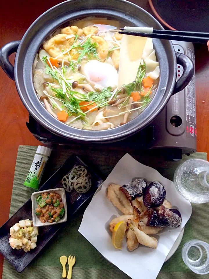 Snapdishの料理写真:Today's Dinner🍴前菜･ﾌｸﾞと茄子の竜田揚げ･煮込みひもかわうどん|🌈Ami🍻さん