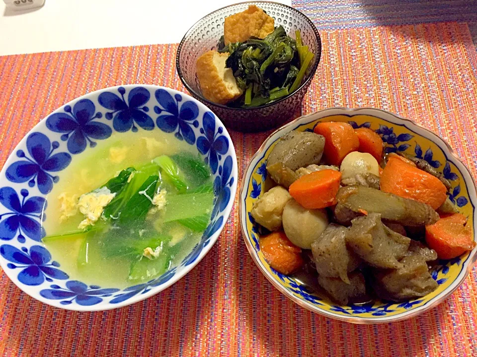 筑前煮、小松菜と厚揚げの炊いたん、青梗菜のたまごスープ|だるころさん