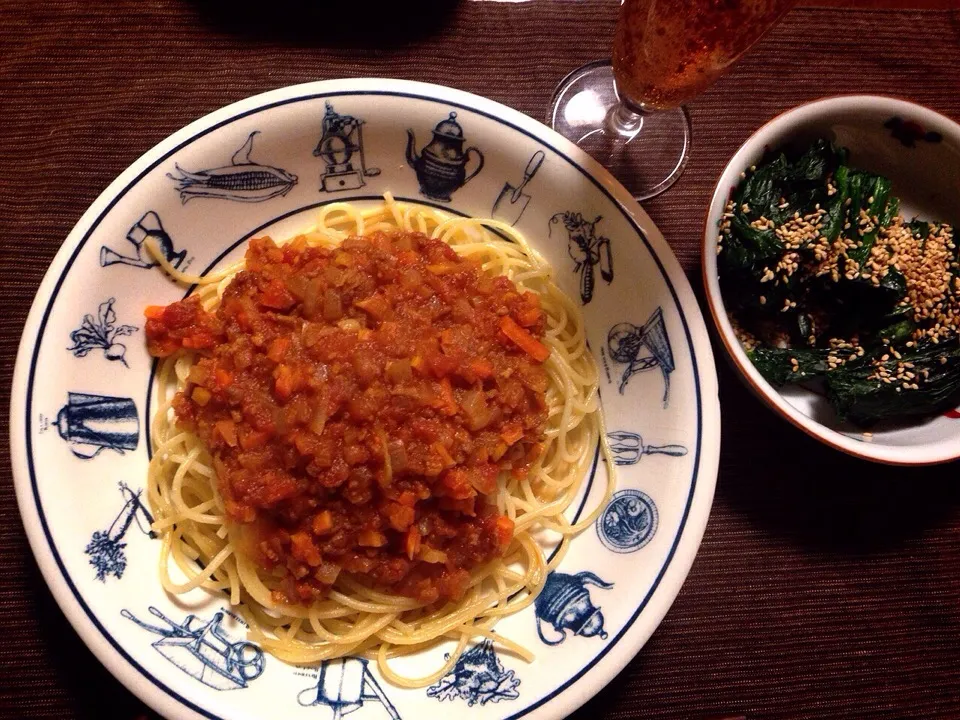 ミートソーススパゲティ ほうれん草の胡麻和え|kao♡さん