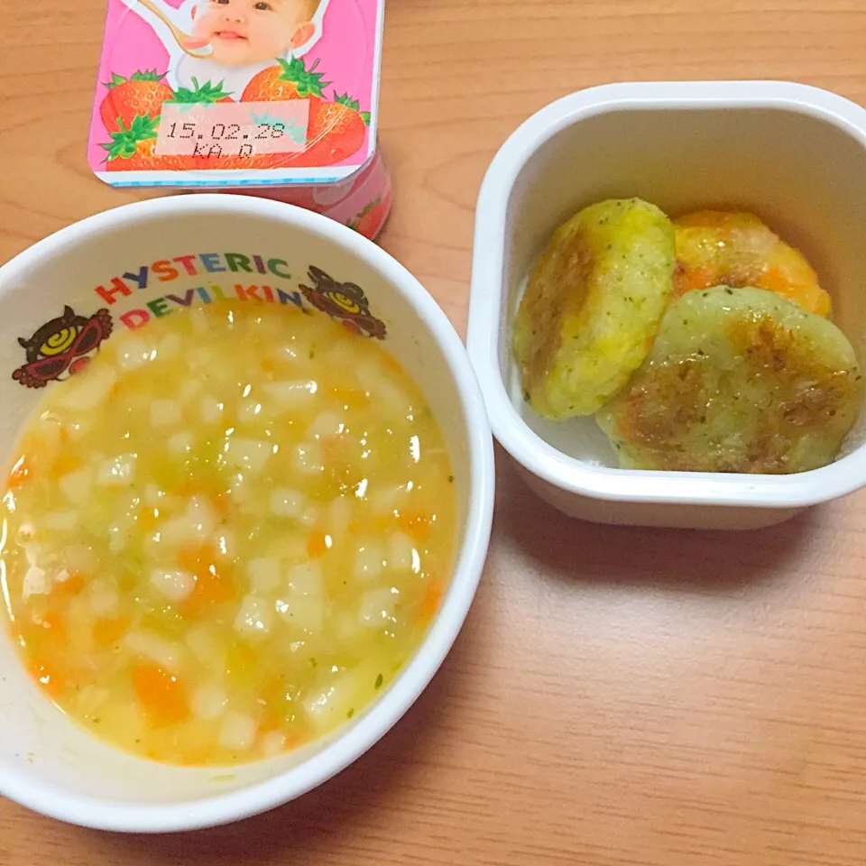 息子ごはん♡味噌煮込みうどん風♡とうもろこしいももち♡ブロッコリーいももち♡安納芋のいももち♡|湊叶ママさん