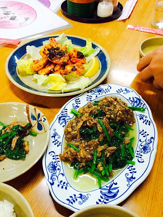 海老の味噌炒め、青菜牛肉炒め|tukaさん