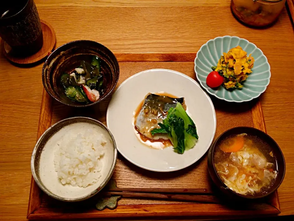 Snapdishの料理写真:鰆の味噌煮、かぼちゃサラダ、タコと胡瓜の酢の物|lotusさん