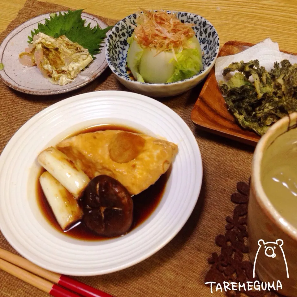 めかじき煮付け、甘エビ昆布締め、白菜のお浸し、タラの芽天麩羅|たれめぐま◡̈✩*さん