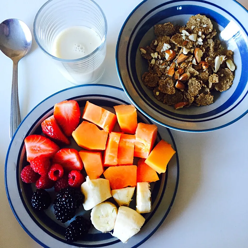 Whole grain cinnamon cereal with almond milk sprinkled with chopped almonds and a fruit plate(papaya, rasberries, strawberries, blackberries and a mini banana)|victoria valerioさん