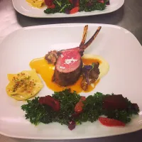 Snapdishの料理写真:Venison chop, potato purée, roasted maitaki mushrooms, blood orange reduction sauce, cheese and bacon ravioli and a kale beet and orange salad|christina marie 😋🍷🐼💋💚さん