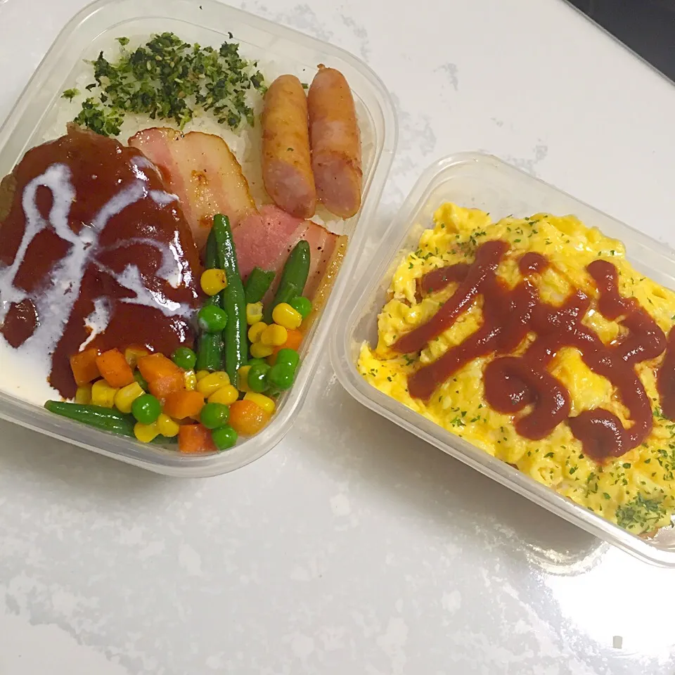 Snapdishの料理写真:パパ弁当💕ゴールドラッシュ風ハンバーグ弁当！オムライス💕|湊叶ママさん