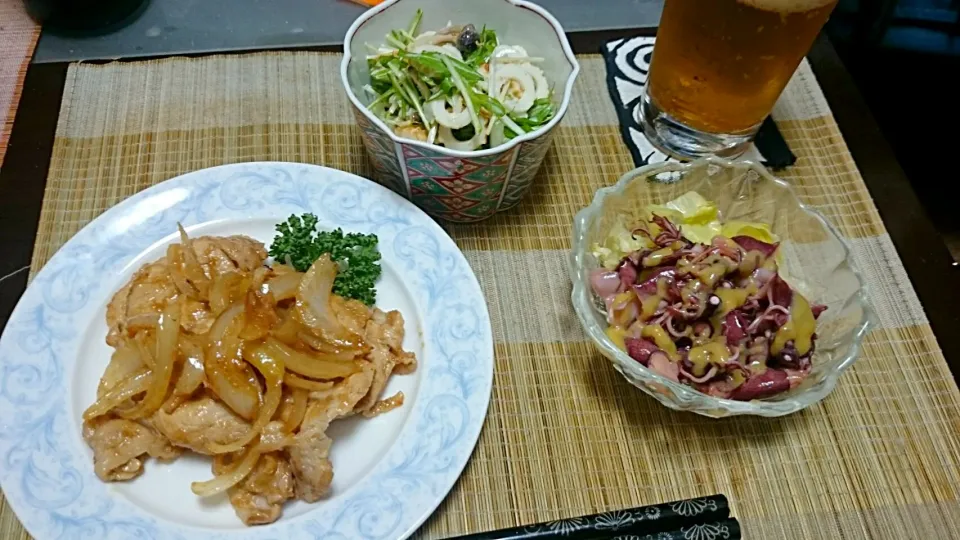 ホタルイカ＆水菜サラダ＆豚のしょうが焼き|まぐろさん